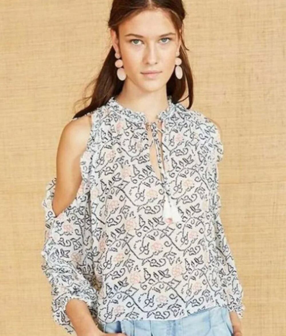 Ulla Johnson Cold Shoulder Blouse Womens 2 White Blanc Dunia Silk Ruffled Sleeve